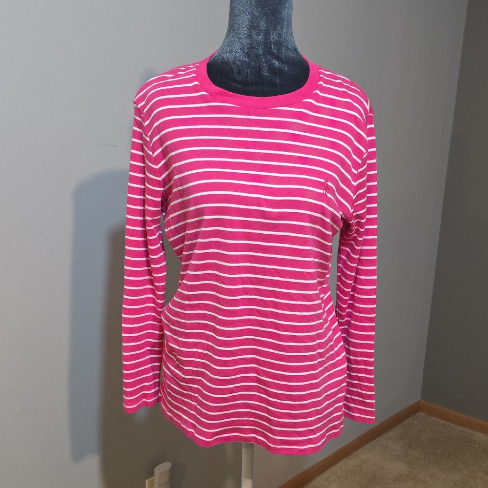 Ralph Lauren Sport Hot Pink Striped Long Sleeve Crew Tee |‎ Size L